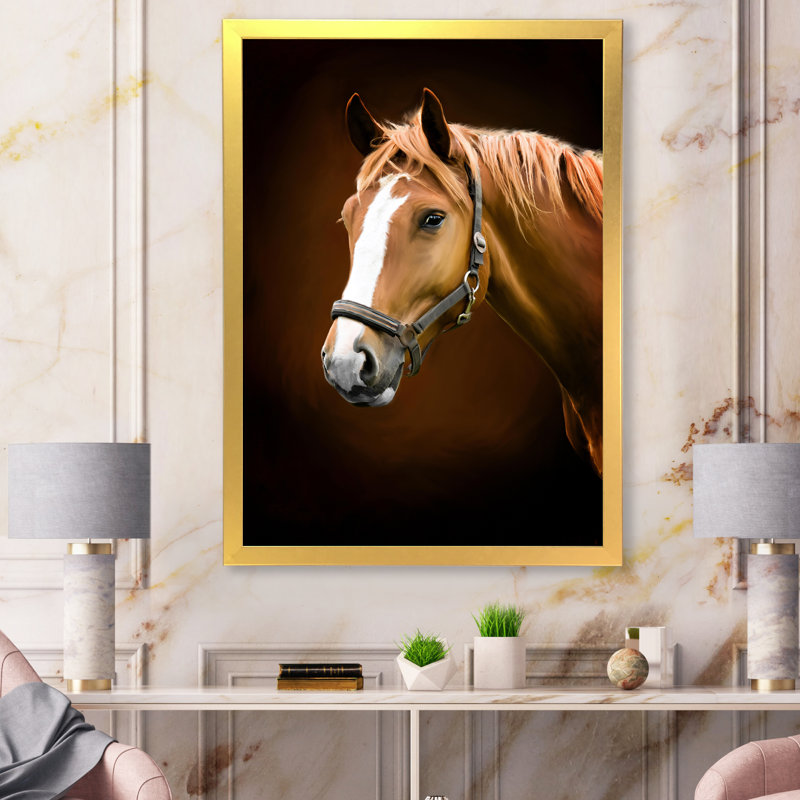Portrait d'un cheval brun IV - Impression sur toile, H 32 po x l 16 po, Cadre doré