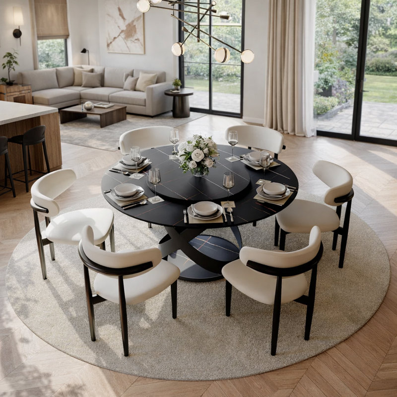 Maxwell Modern Round Dining Table, Sintered Stone Tabletop with Lazy Susan, Carbon Steel Base Pre-Assembly, Black/Black