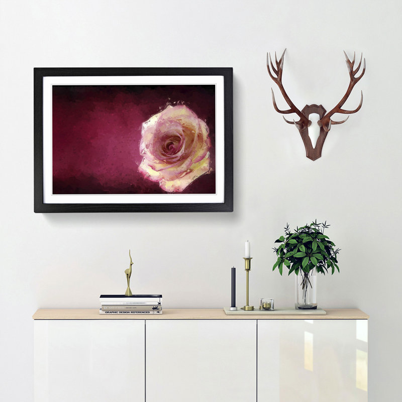 Lone Pink Rose in Abstract - Picture Frame Painting Print, 35cm H x 50cm W x 2cm D, Black