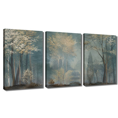 Impression sur toile tendue à 3 panneaux Teal Misty Woodland