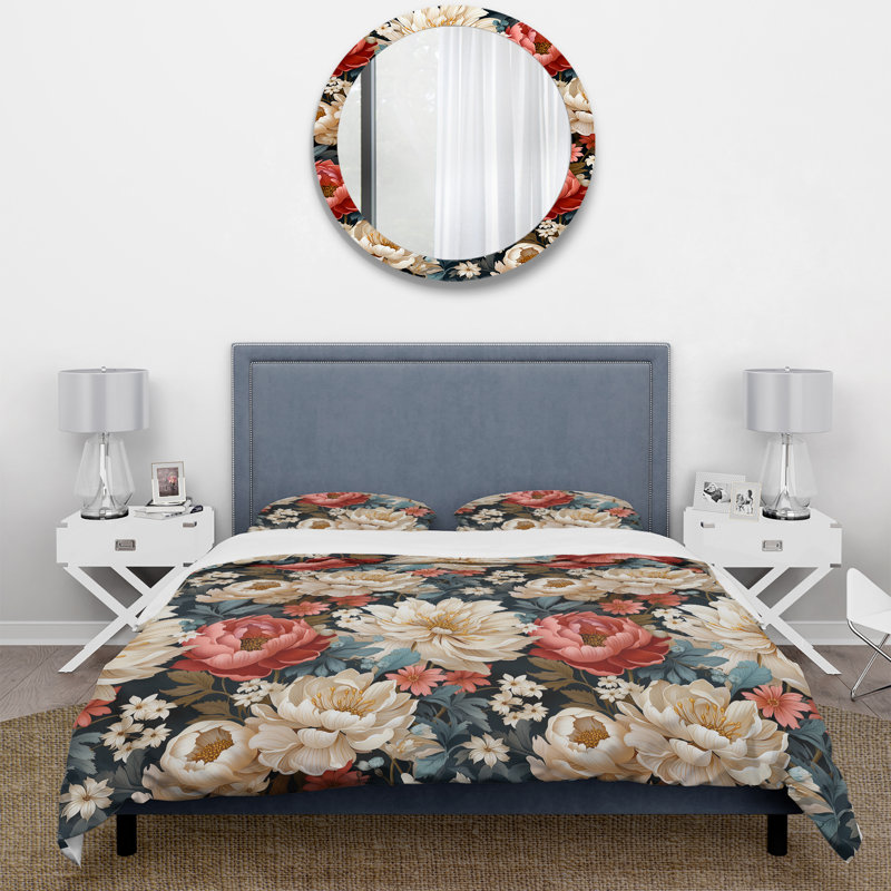 Motif rustique floral blanc et rose - Ensemble de housse de couette floral - Polyester microfibre