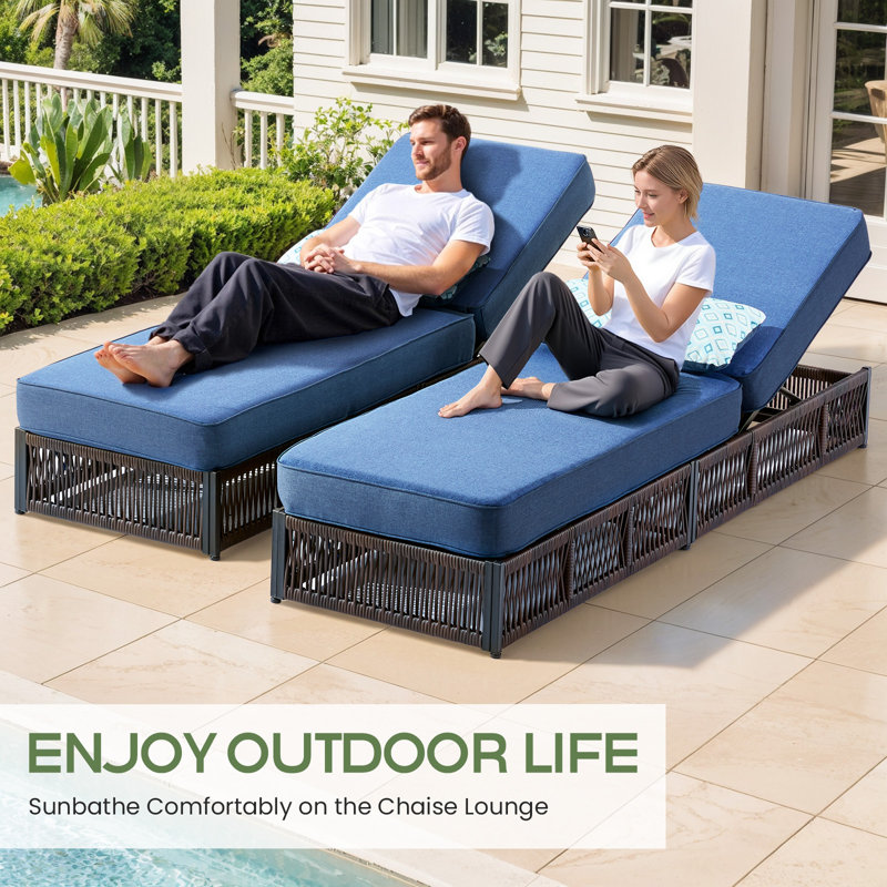Laguna Patio Chaise Lounge Chair, Luxury Recliner With 6-Position Backrest & 5-Inch Cushions Set Of 4 With 2 Side Tables