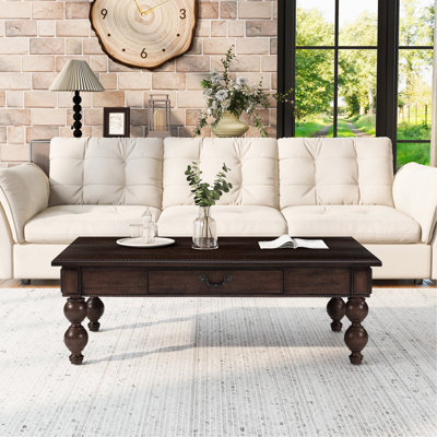 Table basse rectangulaire en bois avec tiroir de rangement, pieds en bois massif, assemblage sans outil