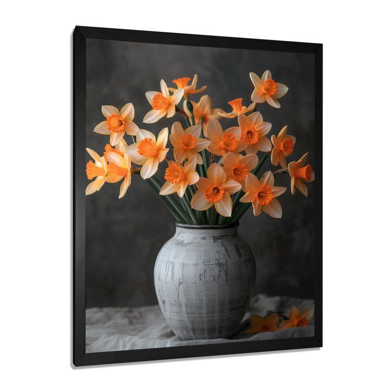 Jonquilles monochromes jaunes et orange dans un pot gris II - jonquilles murales, Cadre flottant brun, H 30 po x l 40 po