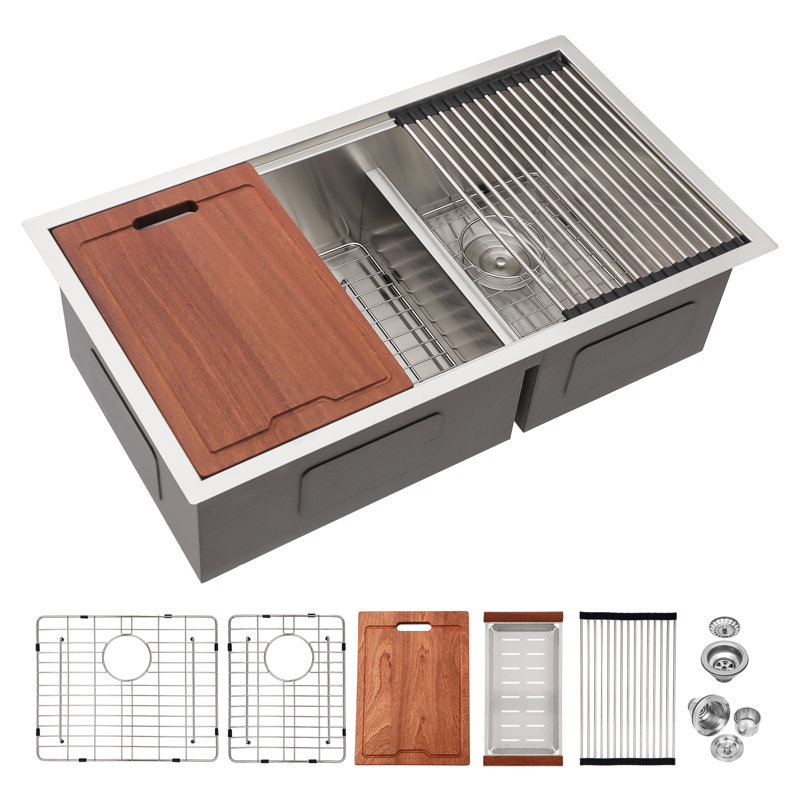 33" L x 19" W Undermount Double Bowl Kitchen Sink Workstation Low-Divide 60/40 Stainless Steel Sink