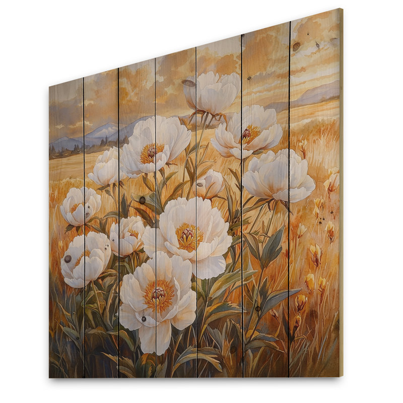 Peonies In The Warm Autumn Field II - Peonies Wood Wall Art - On Natural Pine Wood, 15" H x 15" W x 0.78" D