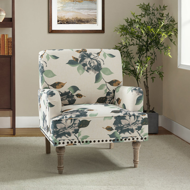 Antoan 28.7"W Floral-Print Upholstered Armchair, Gray/Off White Polyester Blend