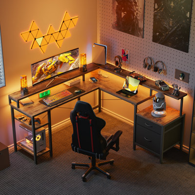 Bureau en L 66 po réversible avec classeur, bureau d'ordinateur avec lumières DEL et prise de courant