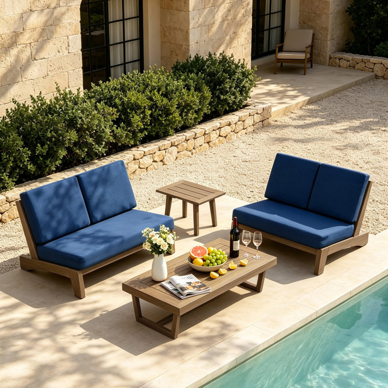 Ensemble de conversation Polett, 4 pièces: 2 tables, 2 causeuses, Navy, Brun
