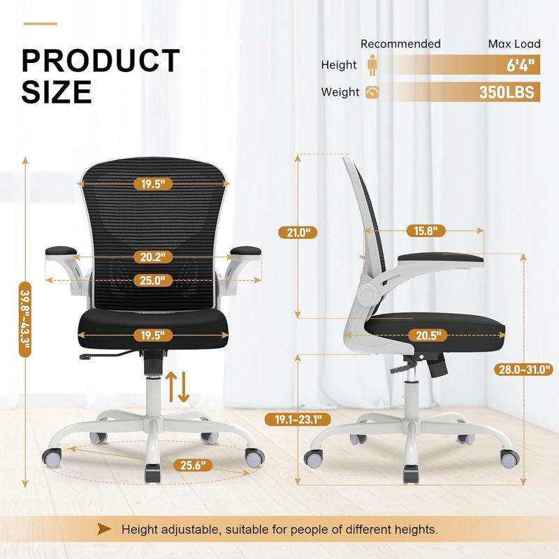 Office Chair, Ergonomic Desk Chairs 330LBS Capacity High Back Mesh Computer Chair With Flip-Up Armrests, Comfy Work With Adjustable Lumbar Support, Rolling Swivel Executive Task Chair
