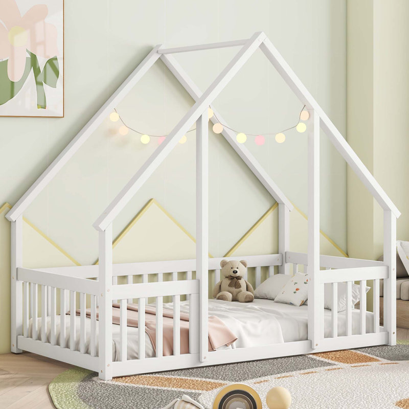 House-Shaped Floor Bed with Fence, Guardrails, Twin, White