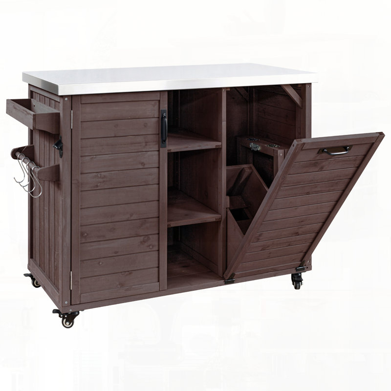 Chariot de barbecue extérieur avec table pliable et rangement pour poubelle, Marron foncé