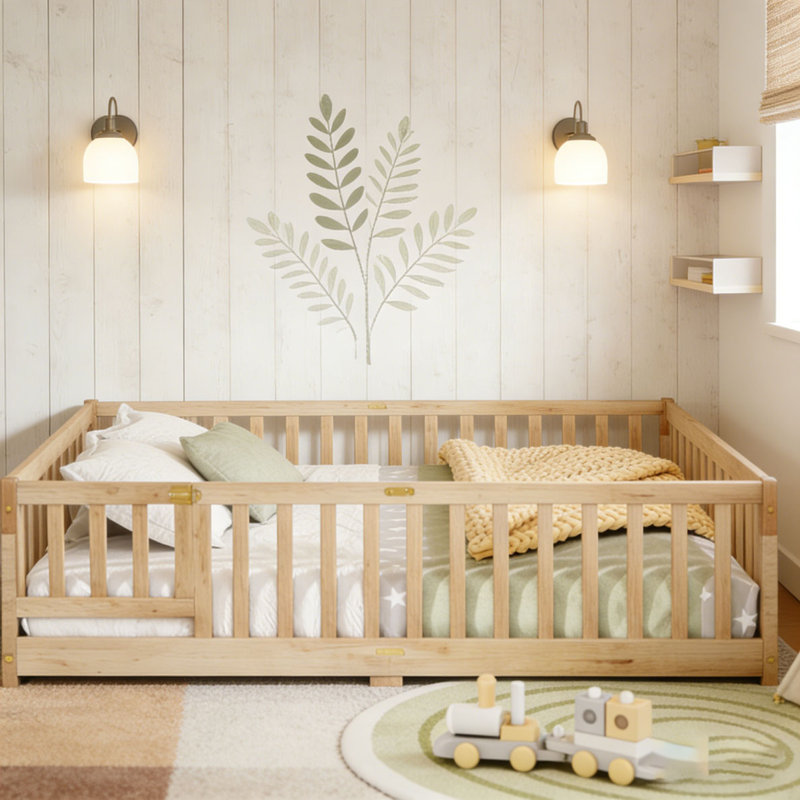 Lit grand format avec clôture, porte, lit en bois d'hévéa avec garde-corps de sécurité, Lit simple, Naturel