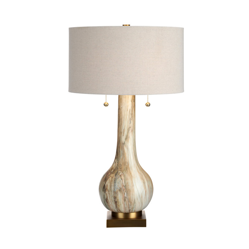 Lampe de table grise polie de 77,5 cm de hauteur avec abat-jour en lin couleur avoine.