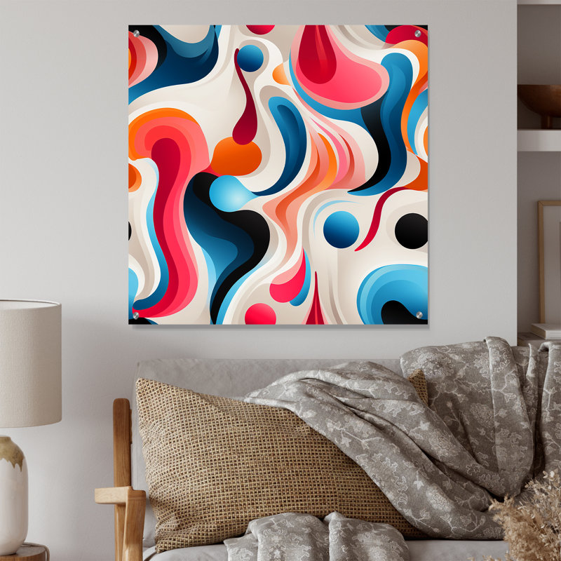 Motif tendance rose et bleu Popart - Art mural abstrait en acrylique pour le salon, H 36 po x l 36 po