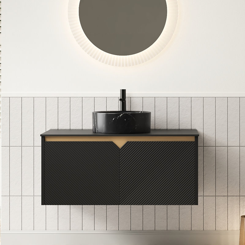 Meuble-lavabo flottant 36 po, lavabo en céramique noire avec motif en pierre, plateau fritté, armoire en sergé et mécanisme de fermeture en douceur