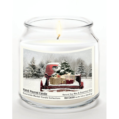Bougie en pot de verre de 400 g (14 oz) en forme de camion de Noël rouge, avec couvercle en métal argenté brossé
