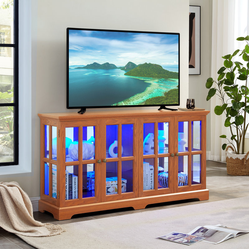 LED Curio Display Cabinet With Glass Doors For Collectibles, Oak