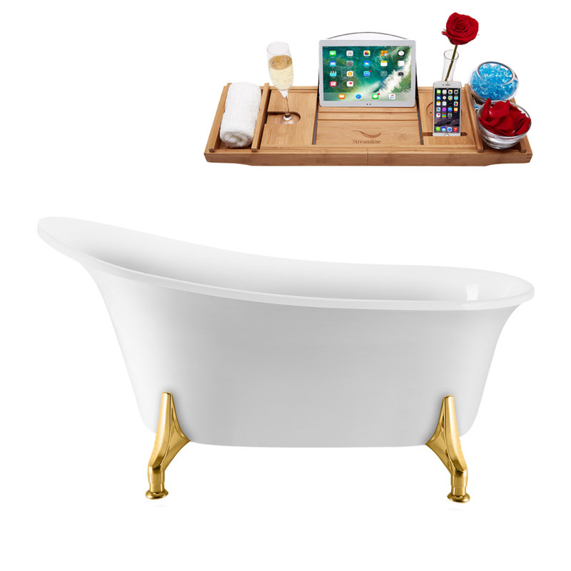 59" Streamline Clawfoot Soaking Acrylic Bathtub With Drain, Clawfeet, and Bamboo Tray, Polished Gold, Brushed Gold
