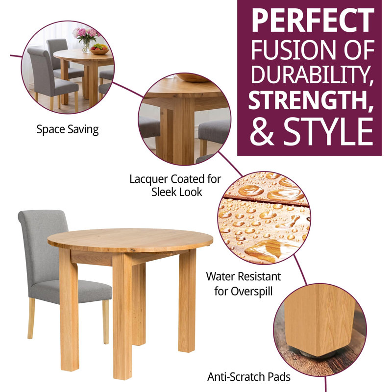 4-Person Round Drop Leaf Oak Dining Set with Steel Upholstered Chairs