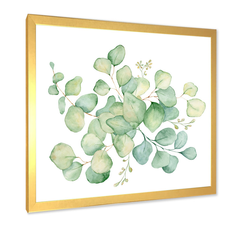«Green Eucalyptus Bouquet On White», reproduction d'art sur toile traditionnelle, Encadrement doré