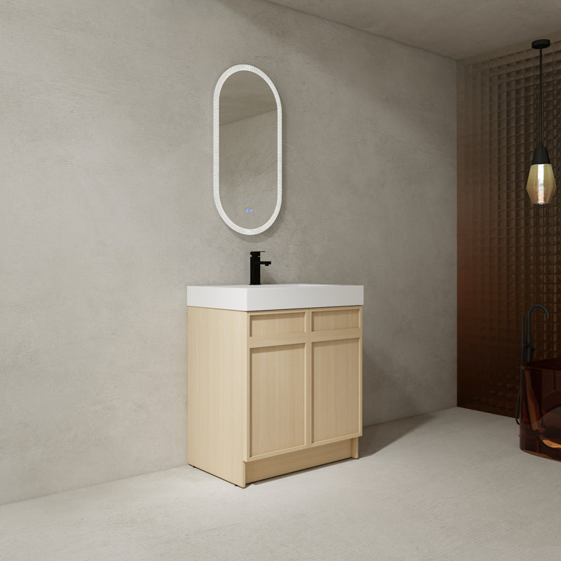 Armoire de salle de bain autoportante avec lavabo. 2 portes à fermeture en douceur et intérieur spacieux. Meuble-lavabo moderne. Meuble-lavabo en contreplaqué 30 po. Portes de lavabo en résine. Style contemporain. Grande capacité de rangement.