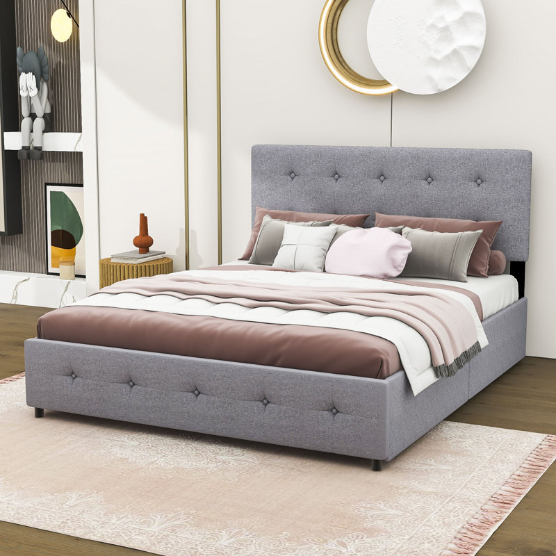 Grand lit plateforme tapissier à 4 tiroirs avec tête de lit, Gris clair