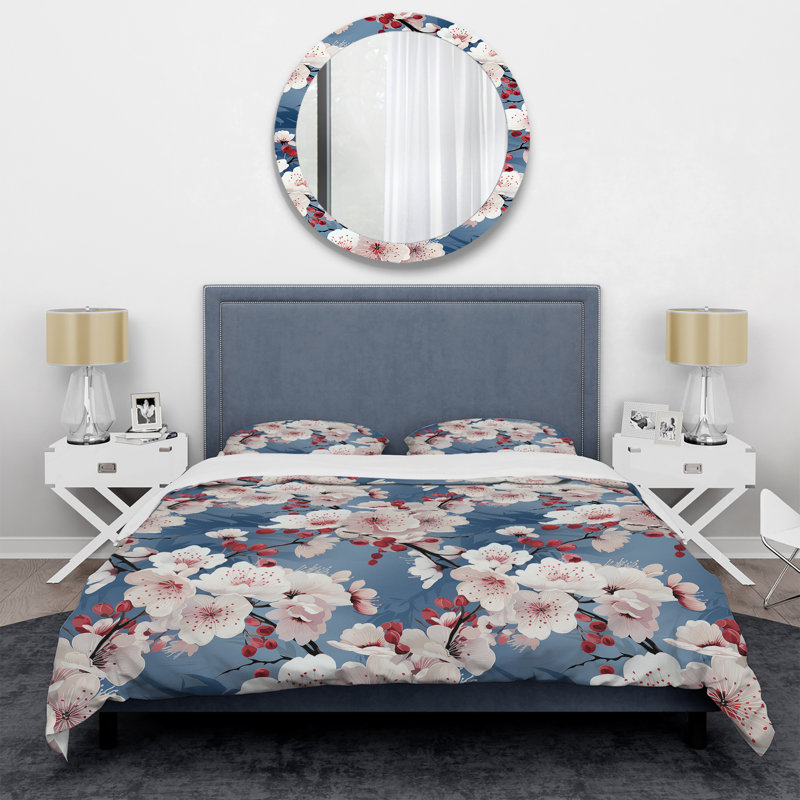 Ensemble de housse de couette à motif floral cerisier rose et bleu, Housse de couette pour très grand lit et 2 très