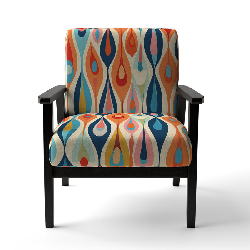 Retro Abstract Drops XI - Velvet Upholstered Midcentury Arm Chair, Midcentury Accent Chair, Blue/Orange, Black