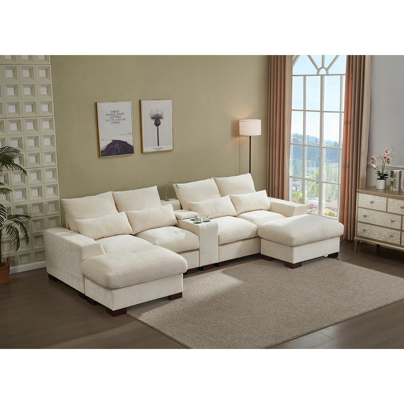 Canapé modulaire moderne avec console, port de charge USB, lampe de lecture, porte-gobelet, beige, Tissu beige