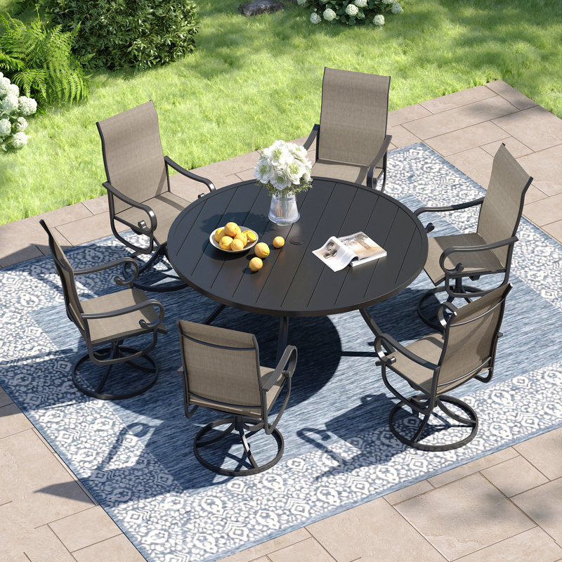 Patio dining set with 53" Round Dining Table and 6 PVC-coated polyester Swivel Chairs, Light Brown/Black