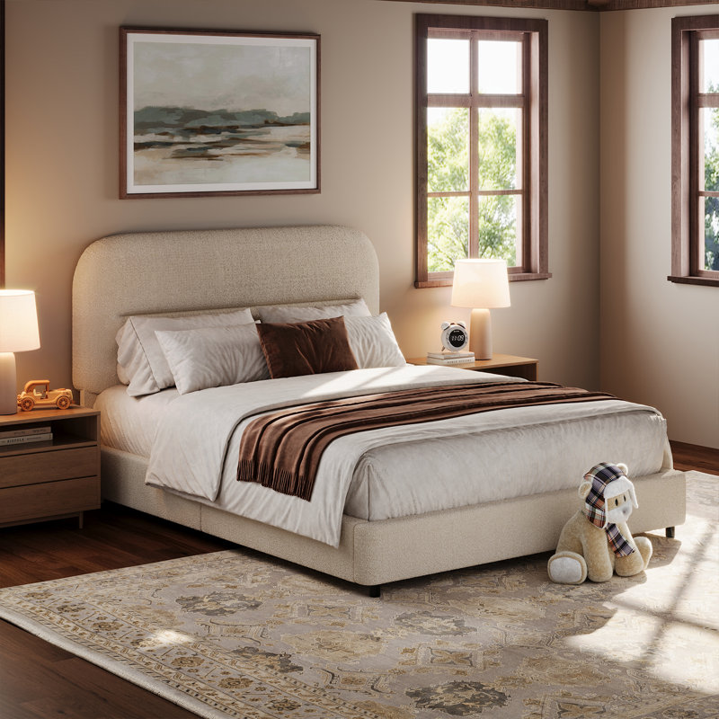 Bensu Platform Bed Frame, Cloud Collection with Boucle Upholstery & Rounded Headboard, Thickened Footboard, King, Cream
