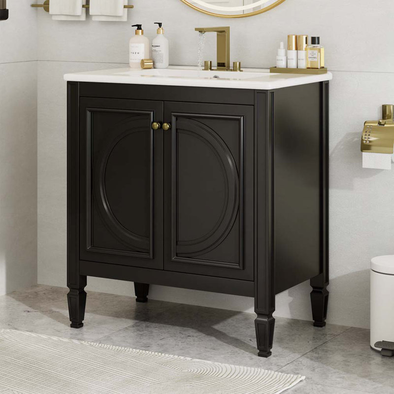 Meuble-lavabo de salle de bain avec lavabo en céramique, armoire et tablettes, Noir et or