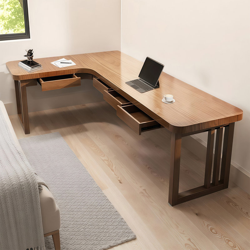 Bureau en bois massif en forme de L brun noyer avec 3 tiroirs, Retour à gauche, H 29,53 po x l 70,87 po x P 47,24 po