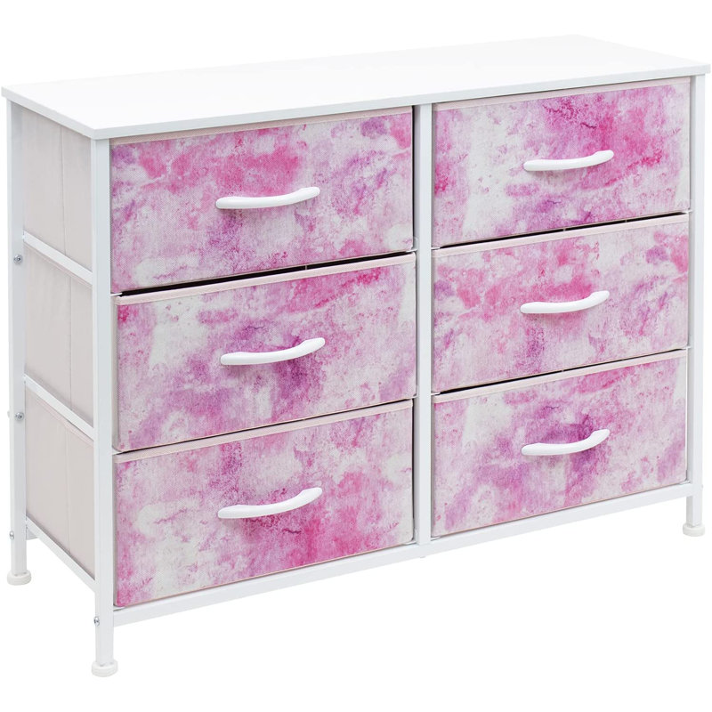 Sorbus 6 Drawers Dresser with Steel Frame, Wood Top, Fabric Bins, Tie-dye Pink