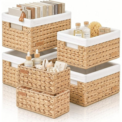 Ensemble de 6 paniers de rangement en jacinthe d'eau avec poignées, paniers de rangement en osier tressé à la main avec doublure en toile imperméable pour garde-manger, garde-robe et chambre