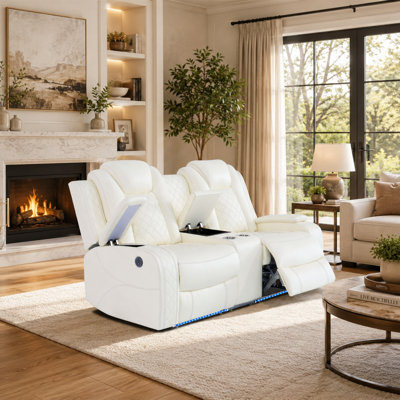 White Breathable Faux Leather Power Reclining Loveseat with Console, Cup Holders, USB Charging, and LED Lighting