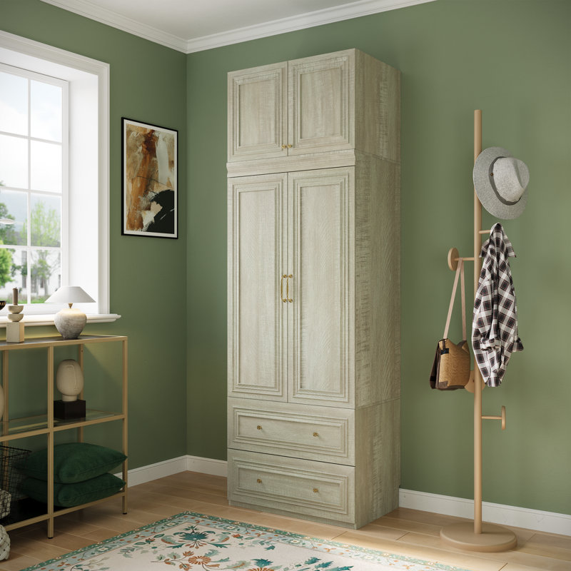 Armoire autoportante 94 po avec 2 tiroirs, armoire de rangement pour chambre à coucher et quincaillerie dorée 94 po