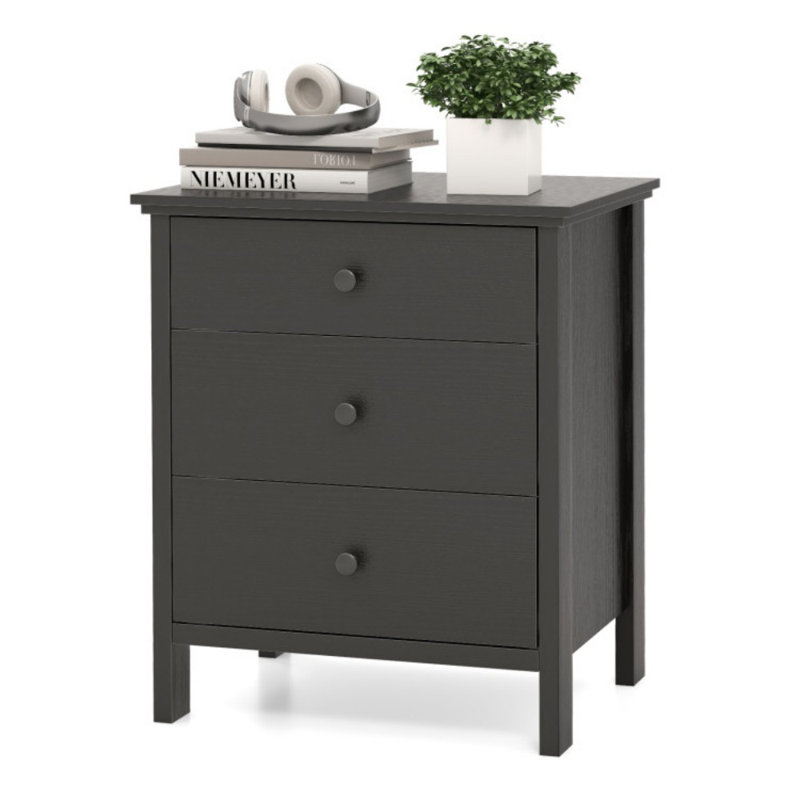 3-Drawer Wooden Nightstand Modern Bedside Table, Black