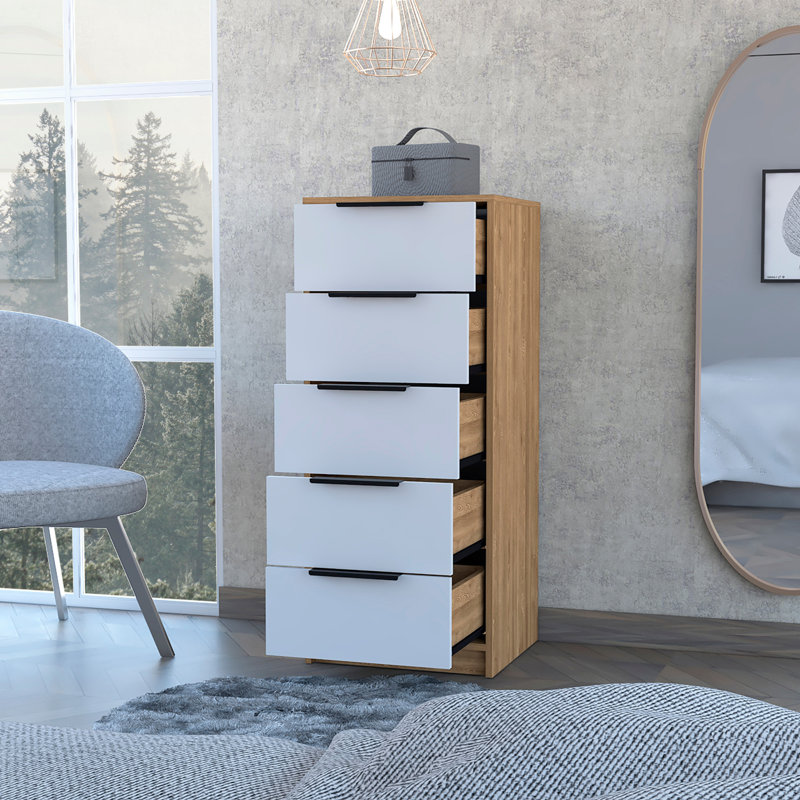 Commode 5 tiroirs, commode verticale - blanc / pin