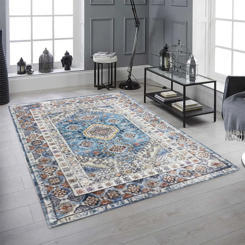 Tapis géométrique tissé à la machine en bleu, brun, crème et jaune, Rectangle 4 pi x 6 pi