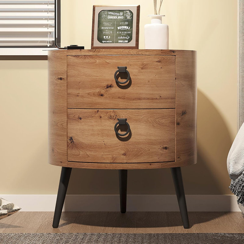 Round Side Table With Drawers Modern Night Stand With Storage Wooden Accent End Table Circle Bedside Table With Metal Legs For Living Room