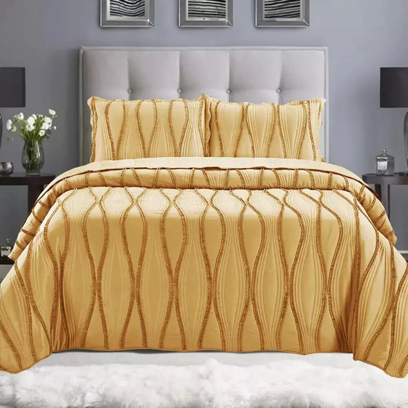 3 Piece Quilted Bedspread Reversible Comforter Bedding Set Bed Throw, Musterd Floral, Single Bedspread + 2 Standard Shams