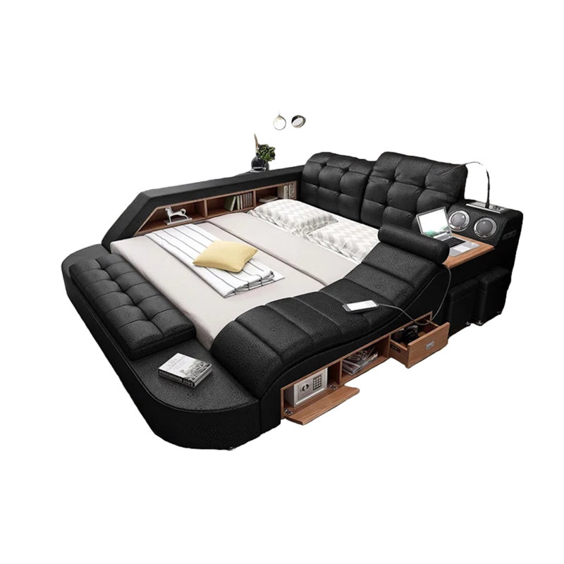 Lit plateforme capitonné à rangement bas en cuir italien Lilliauna Tech Smart Ultimate, Noir, Très grand