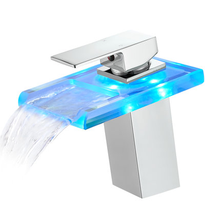 Led Bathroom Tap: 3 Colours Waterfall Spout, Deck Mounted, Single Handle, Hot Cold Water Mixer, Brass Inner Contemporary Faucet With : Hole, & Mixer