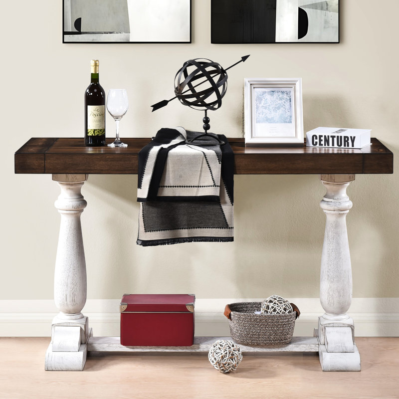 Table rustique de 30 pouces de hauteur, bois massif avec finition chêne foncé antique et plateau décoratif blanc spacieux