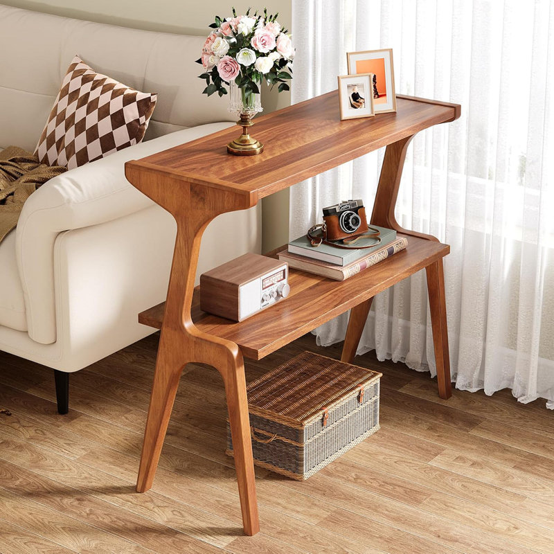 Table de bout en bois massif de style Mid-Century moderne de 27,56 po - Table d'appoint de style maison de campagne étroite avec tablette de rangement à 2 niveaux, table de chevet élégante et table d'appoint