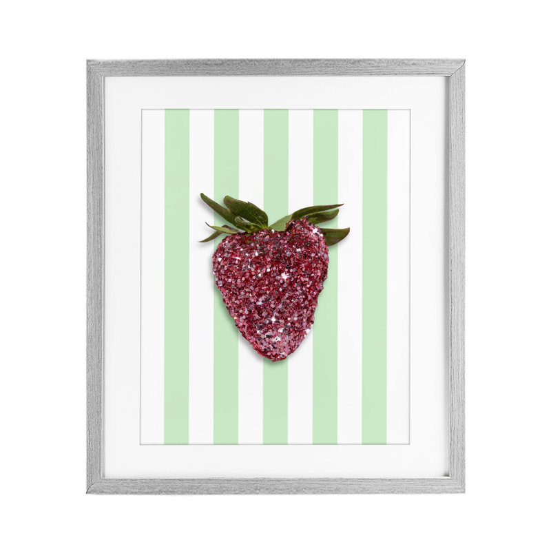 «Glimmer Cherry on Green Stripes», reproduction encadrée sous verre, design par Lish Creative, 21 x 17