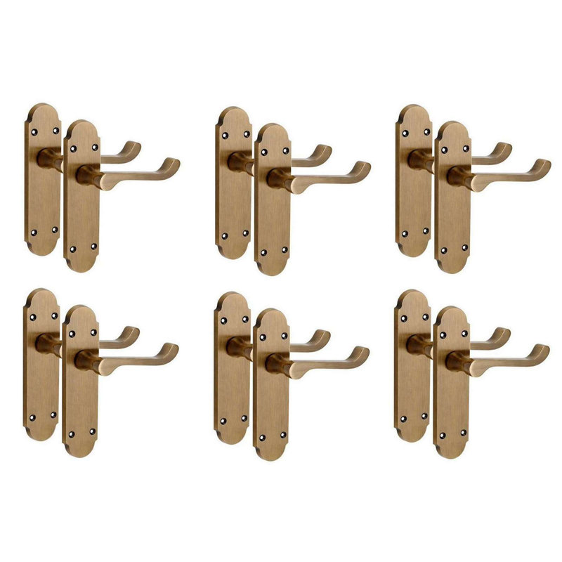 Golden Grace 6 Pairs Victorian Epsom Design Scroll Interior Latch Door Handle on Backplate Antique Brass - 168mm x 40mm