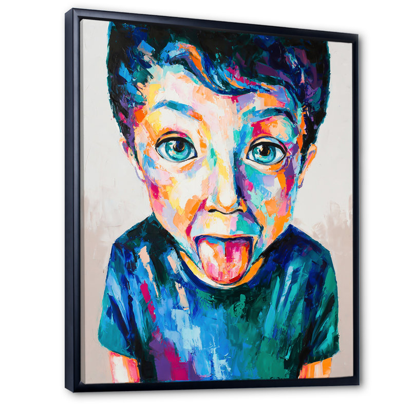«Cute Kid Portrait on Stroke Paint II» - Peinture, H 32 po x l 16 po x P 1 po, Cadre flottant noir